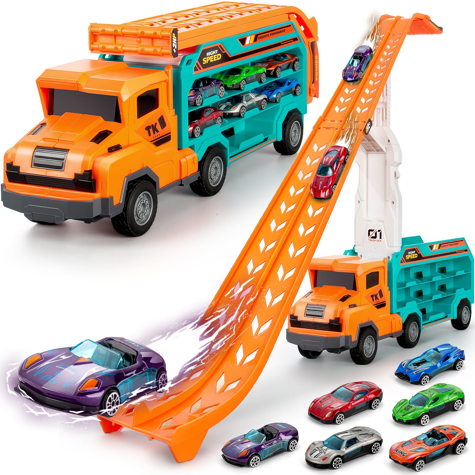 BainGesk Carrier Truck Toys for 2 3 4 5 6 Years Old Boys, 2.8 Ft Race Track Transport Cars with 6 Die-Cast Metal Toy Cars, Birthday Gifts Kids Age 3-5, Racing Toys Gifts for Toddlers