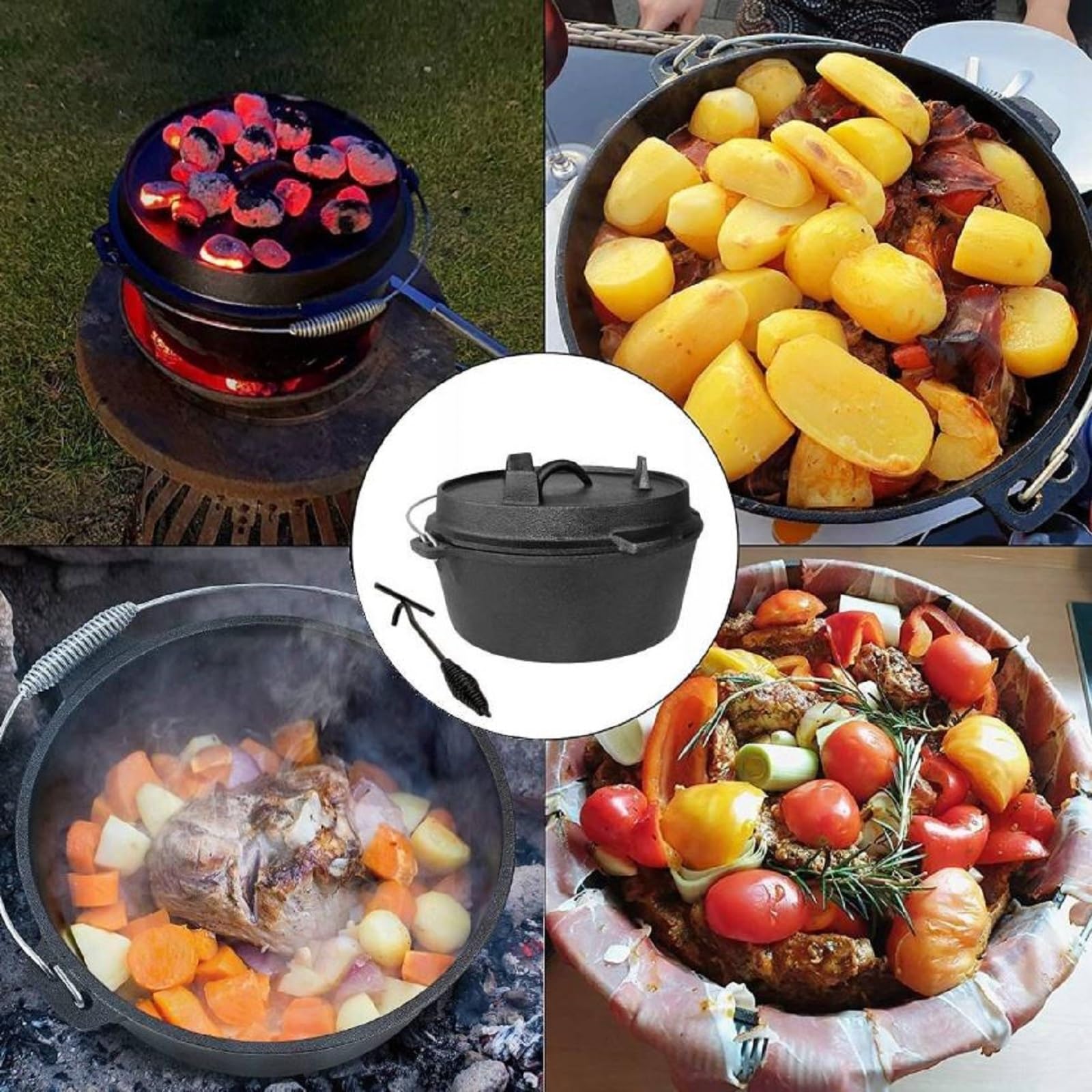 QLS Kociołek żeliwny Dutch Oven 6 L z pokrywą | Masywne żeliwo równomiernie trzyma ciepło. Do zup, gulaszy i duszenia na grillu, żarze lub ognisku