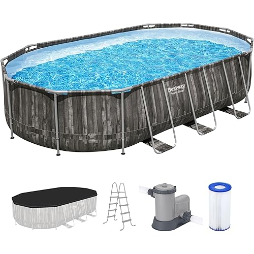 Bestway Power Steel 20' x 12' x 48" Oval Metal Frame Above Ground Outdoor Swimming Pool Set with 1500 GPH Filter Pump, Ladder, and Pool Cover