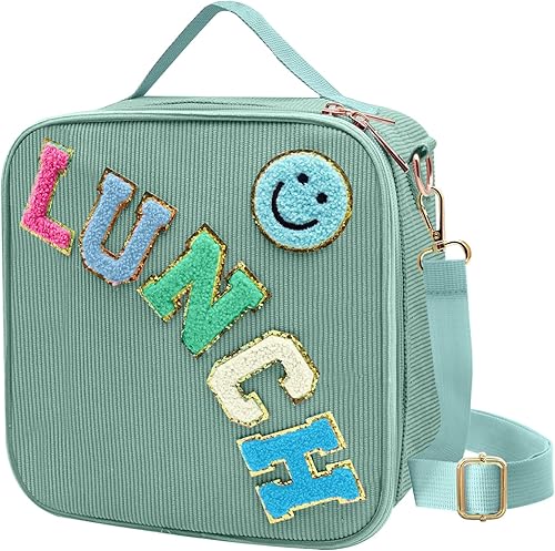 Miniatura 12 de Bolsa de almuerzo aislada con correa ajustable para el hombro, linda caja de almuerzo de corduroy estilo preppy, bolsa de almuerzo grande aislada