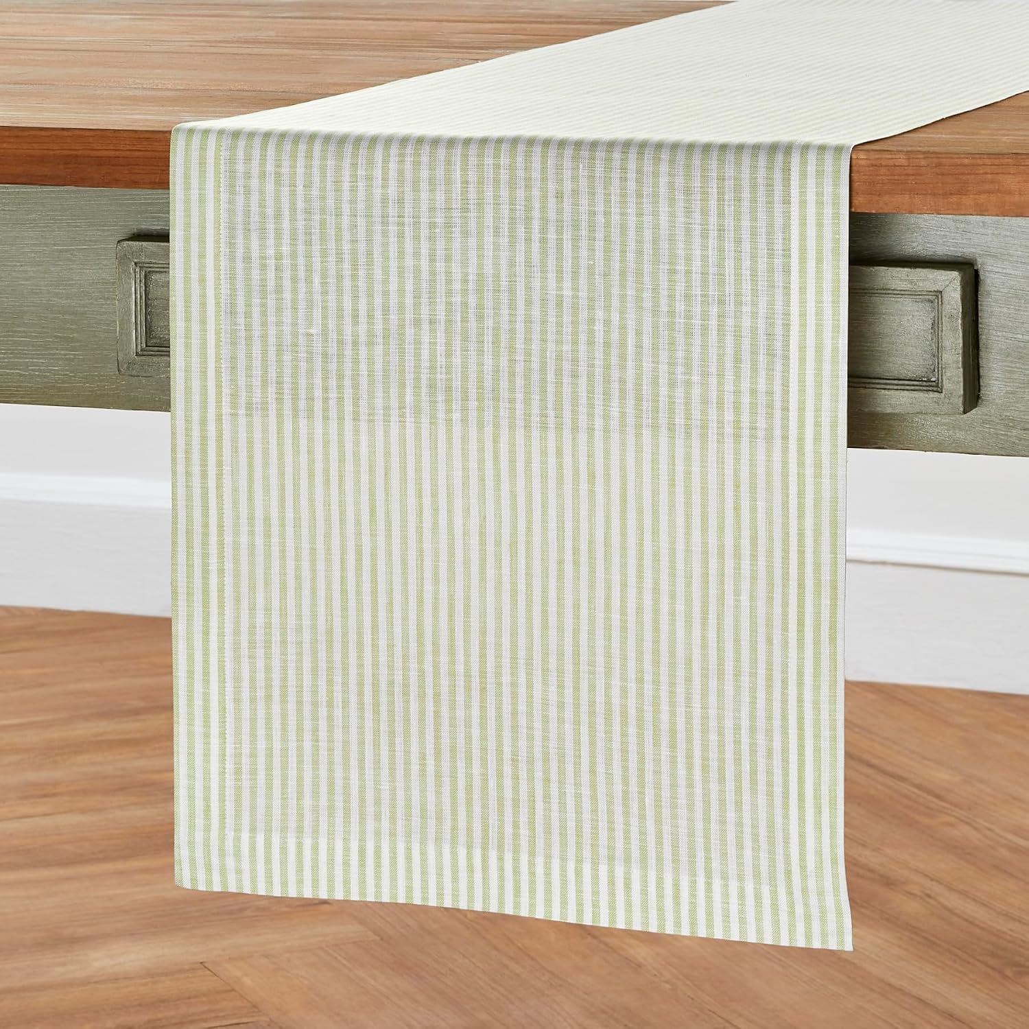 Solino Home 100% Pure Linen Table Runner, 14 x 60 in, Sage and White Stripe image 3