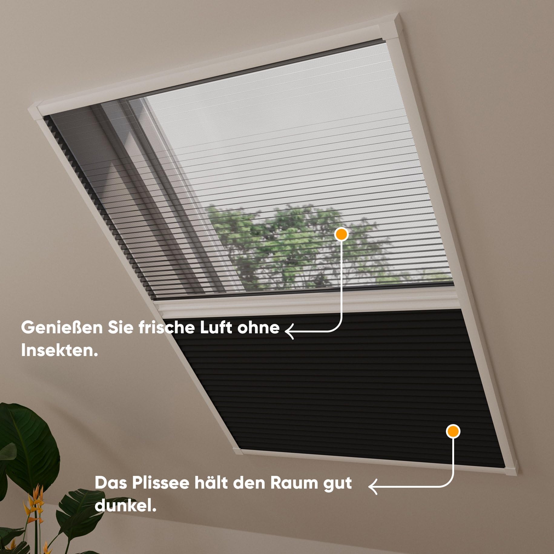 DTCH® Dachfenster Plissee mit Insektenschutz, schwarz, 80 x 120 cm | Verdunkelung und Fliegengitter in einem, Wabenfalte silberbeschichtet, Hitzeschutz, Aluminium-Rahmen, kürzbar