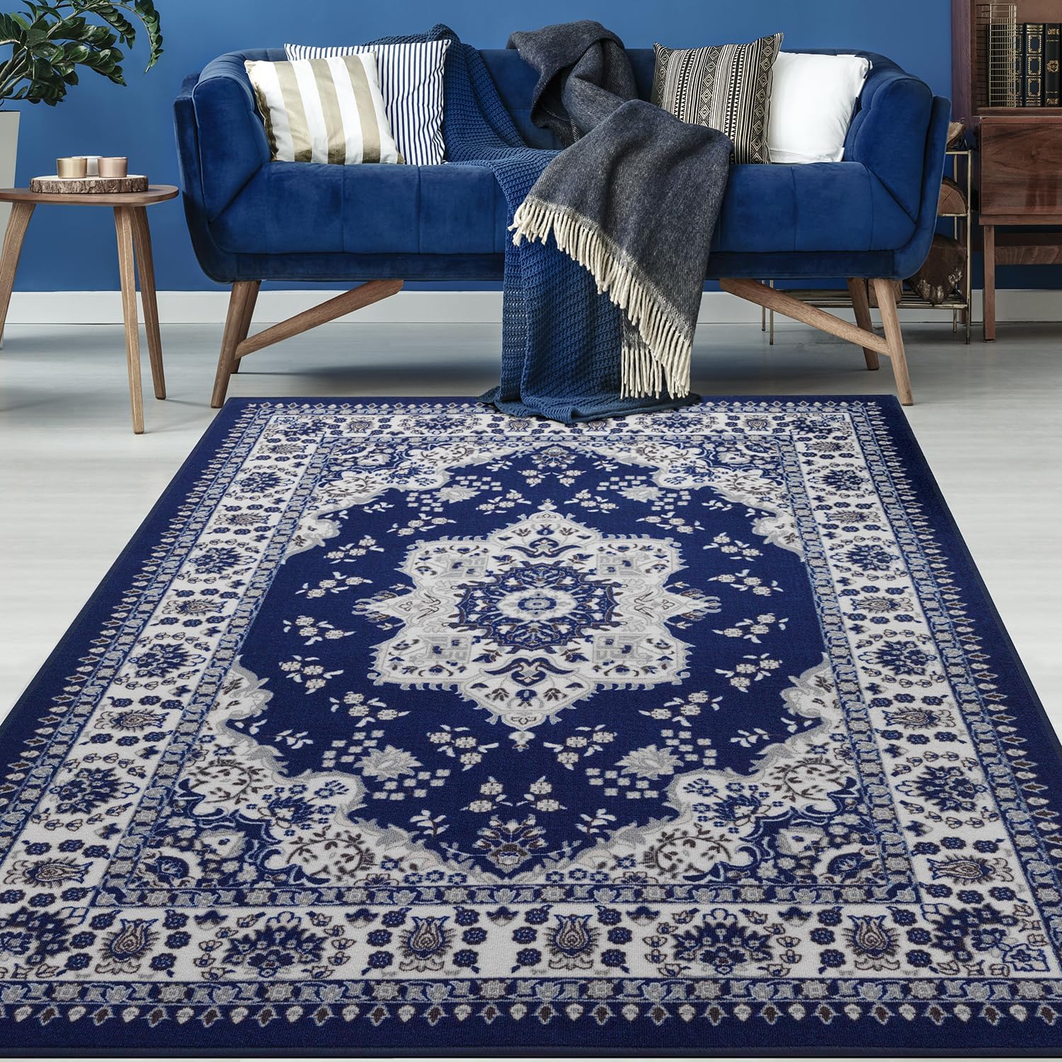 Antep Rugs Alfombras Oriental Traditional 5x7 Non-Skid (Non-Slip) Low Profile Pile Rubber Backing Indoor Area Rugs (Navy Blue, 5' x 7')