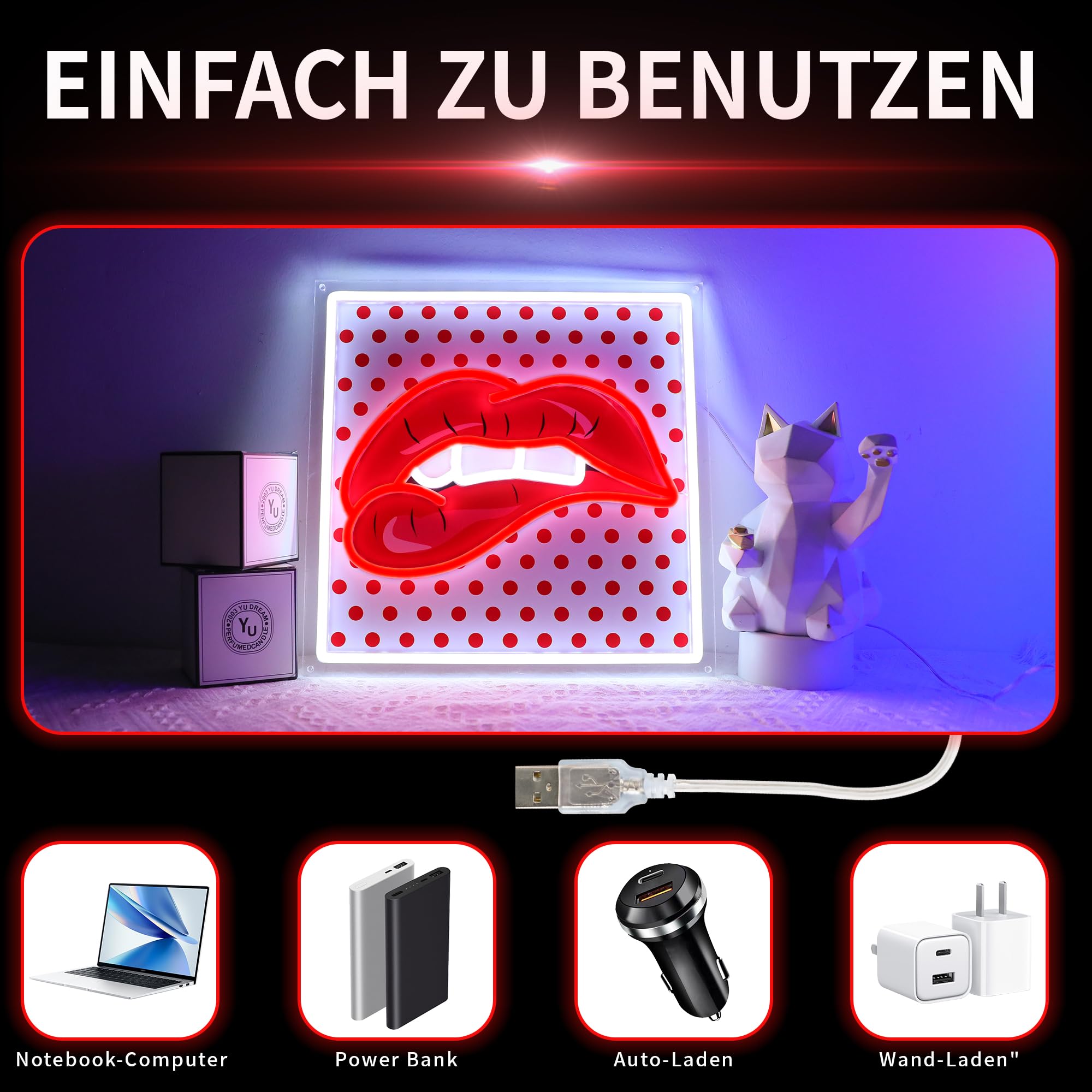 Segno al Neon Labbra Rosse, Luce LED con Stampa UV Regolabile, Luci al Neon Cool e Sexy per Camera da Letto, Decorazione da Parete LED per Bar, Festa, Regali alla Moda per Ragazze