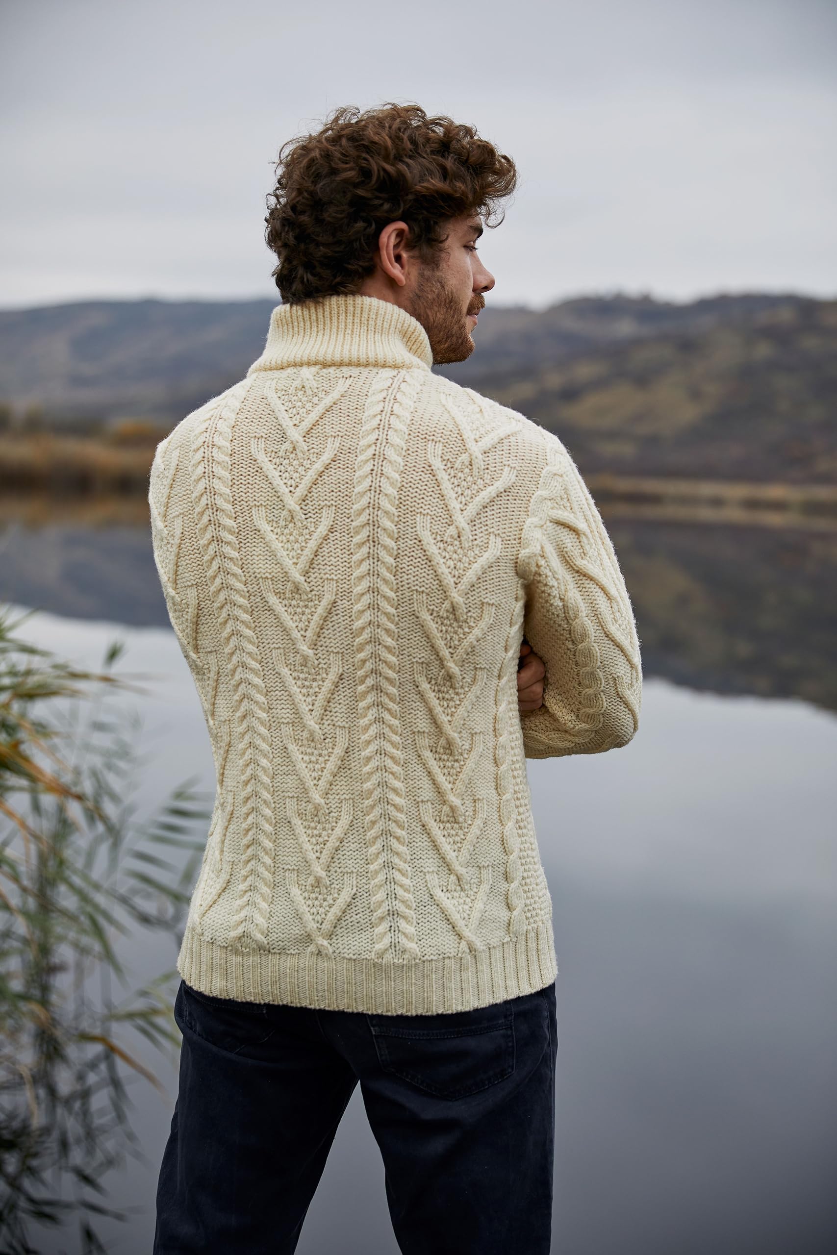 SAOL 100% Lana Merino para Hombre, Cuello con Cremallera, Pescador irlandés, Tejido de Cable, suéter al Aire Libre de Invierno