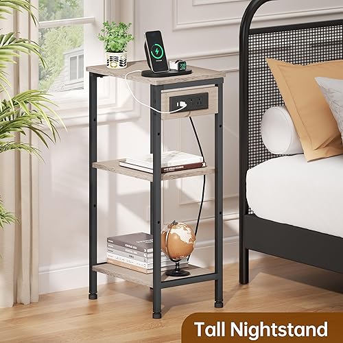 Miniatura 18 de Mesa auxiliar alta con estación de carga, mesita de noche estrecha de 3 niveles con almacenamiento, mesa auxiliar delgada con puertos USB y salidas