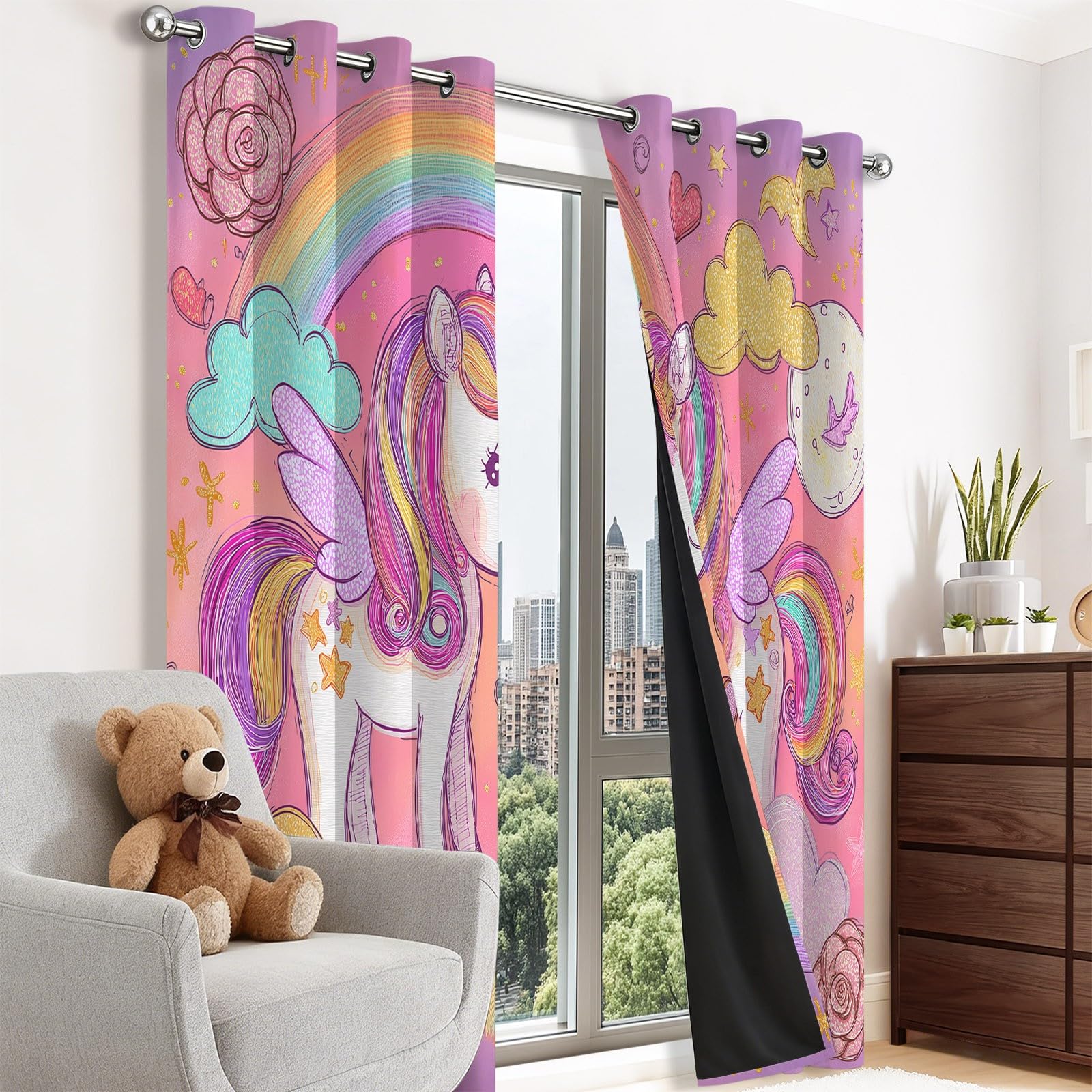 Générique Rideaux Licorne Style Aquarelle pour Chambre d'enfant, Lot de 2 Panneaux 70L X 180H cm - Rideaux Thermiques et Anti-Bruit à Oeillets pour Chambre et Salon Rose