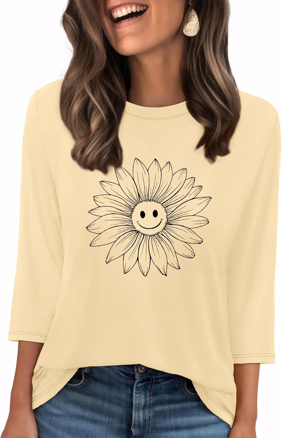 WIHOLL Womens 3/4 Length Sleeve Tops Crewneck Graphic Tees Casual Tunic Tops to Wear with Leggings Fashion Clothing Outfits