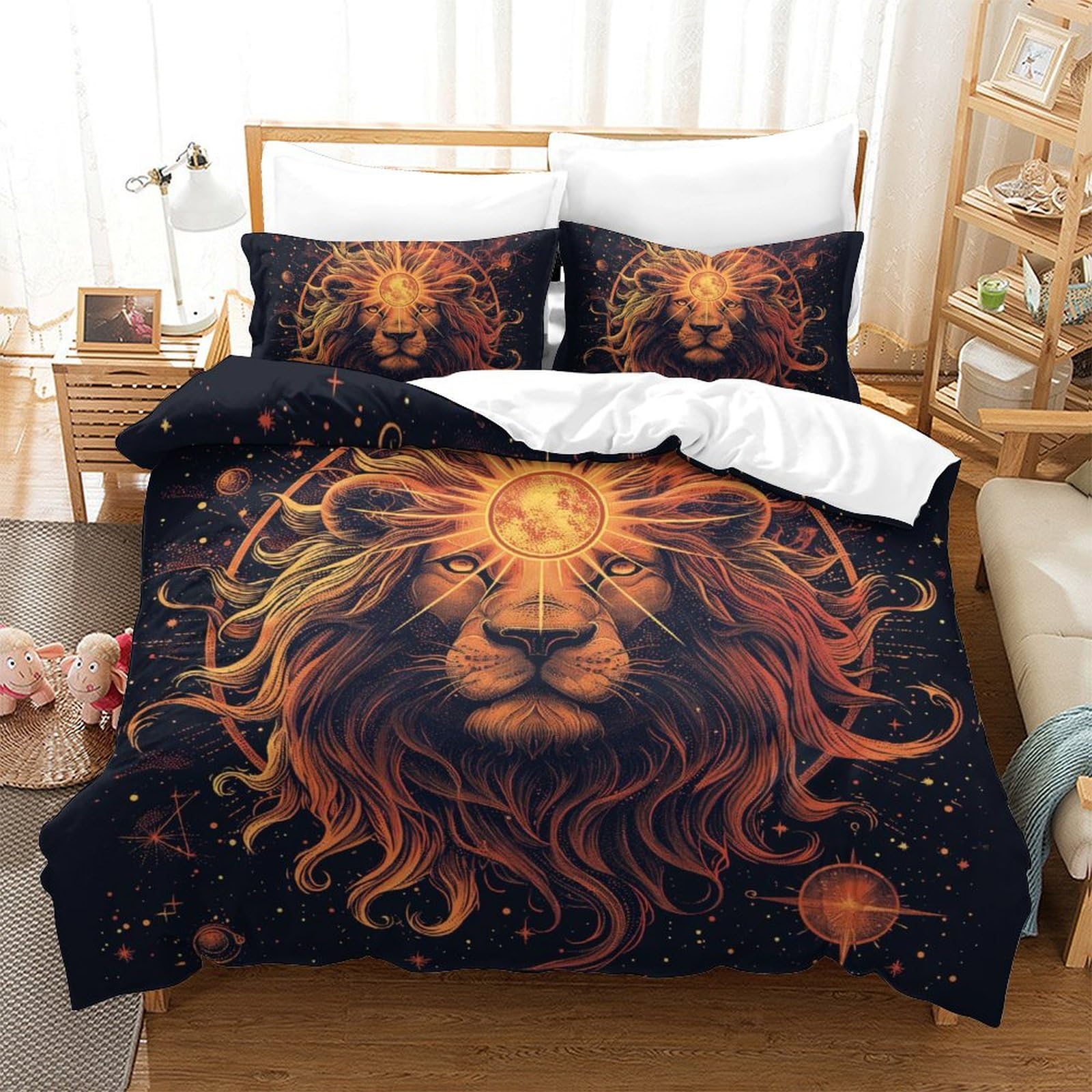 Housse de couette lion 3D king size pour déco de chambre enfant