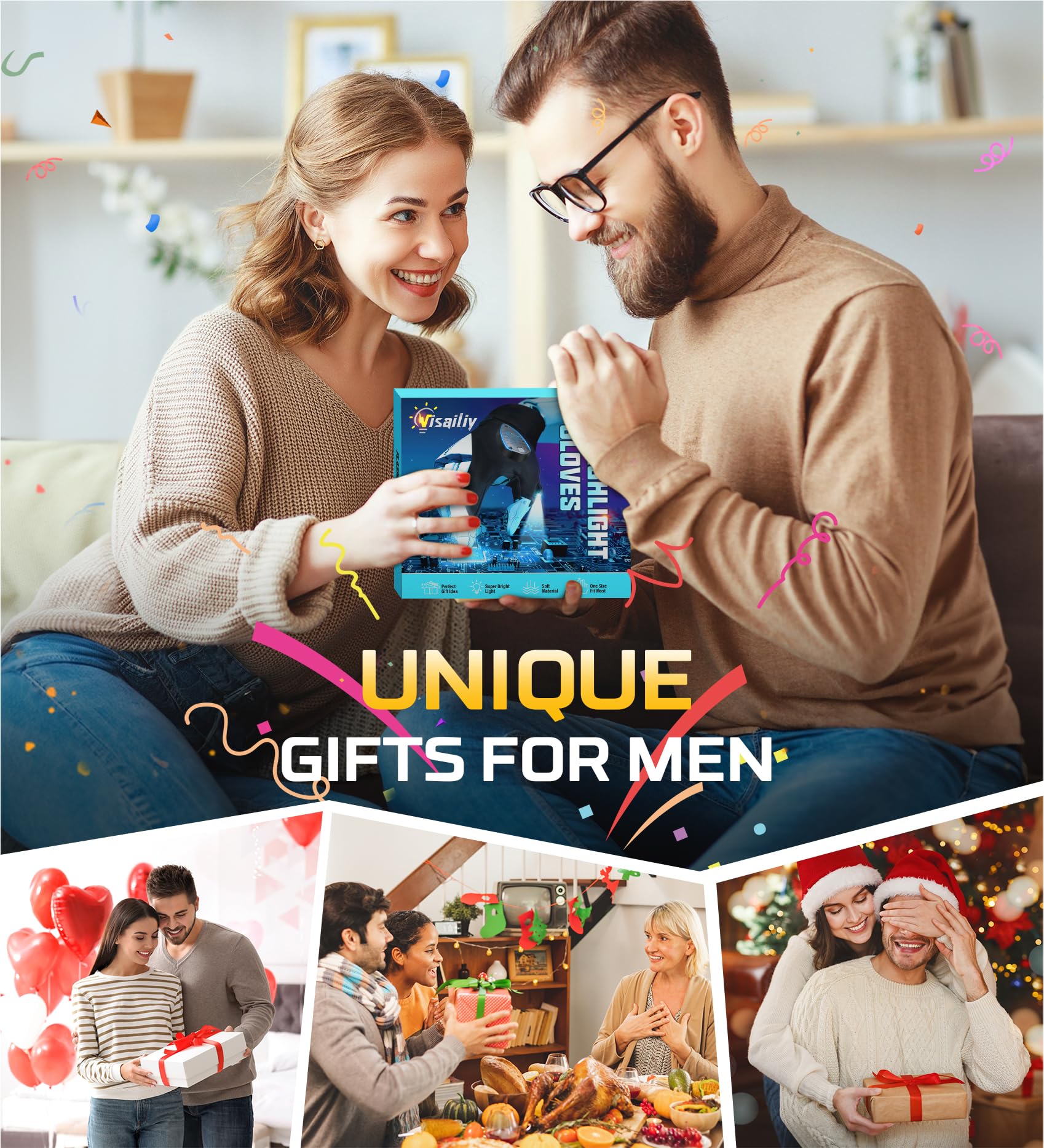 Visailiy Regalos para Hombres, Guantes Led Recargable Accesorios de Pesca para Hombres, Guantes con Luz Regalos para Papa, Regalos para Navidad, Cumpleaños Gadgets para Hombres