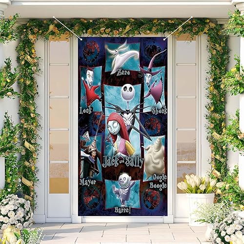 Miniatura 3 de Jack Skellington Sally Zero - Cubierta de puerta de Jack Skellington Sally Zero - Fondo de fotos para Halloween, Navidad, Navidad, decoración y