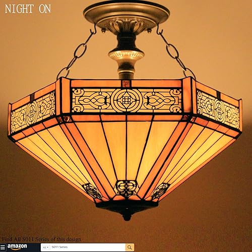 Miniatura 9 de WERFACTORY Tiffany - Lámpara de techo hexagonal amarilla con misión de vidrieras de 16 pulgadas, montaje semirempotrado, decoración de isla, cocina,