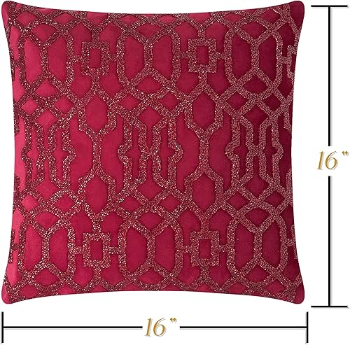 Miniatura 3 de Almohada de celosía, diamantes de imitación brillantes en terciopelo suave, inserto de plumas, funda lavable, única, decoración del hogar, rojo,