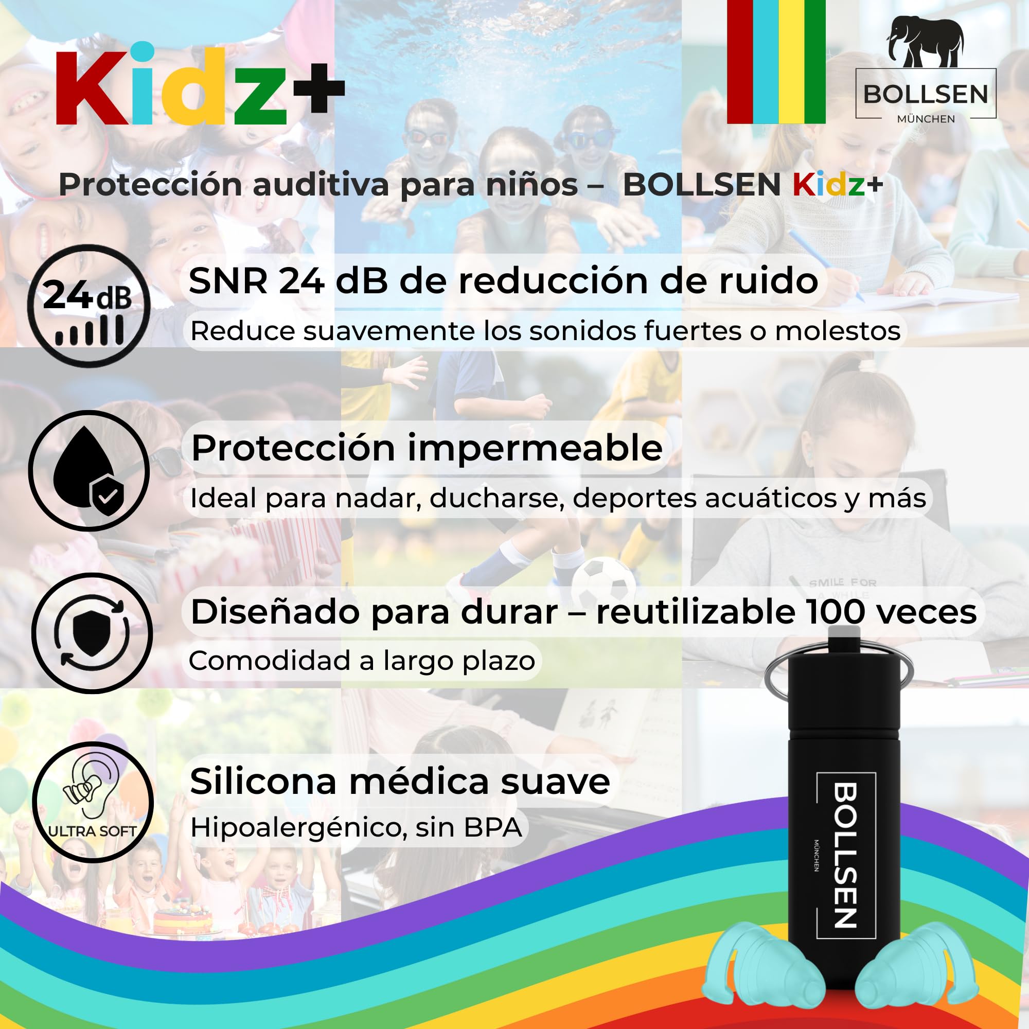 BOLLSEN Tapones para los oídos para niños – Reducción de ruido de 24 dB SNR y tapones impermeables para nadar, dormir, viajar y usar en la escuela – Tapones reutilizables y cómodos para niños. (3)