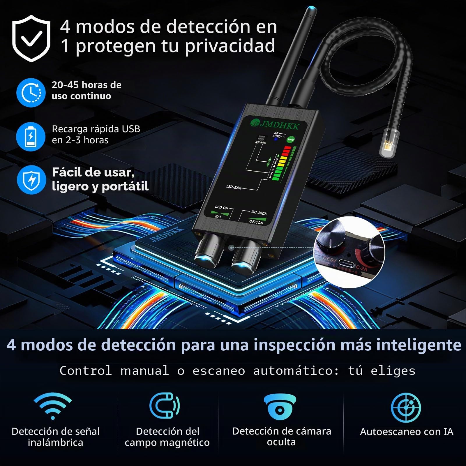 JMDHKK M8000 Detector de Cámaras Ocultas, Micrófonos y Dispositivos de Espionaje para Hoteles y Viajes (Negro)