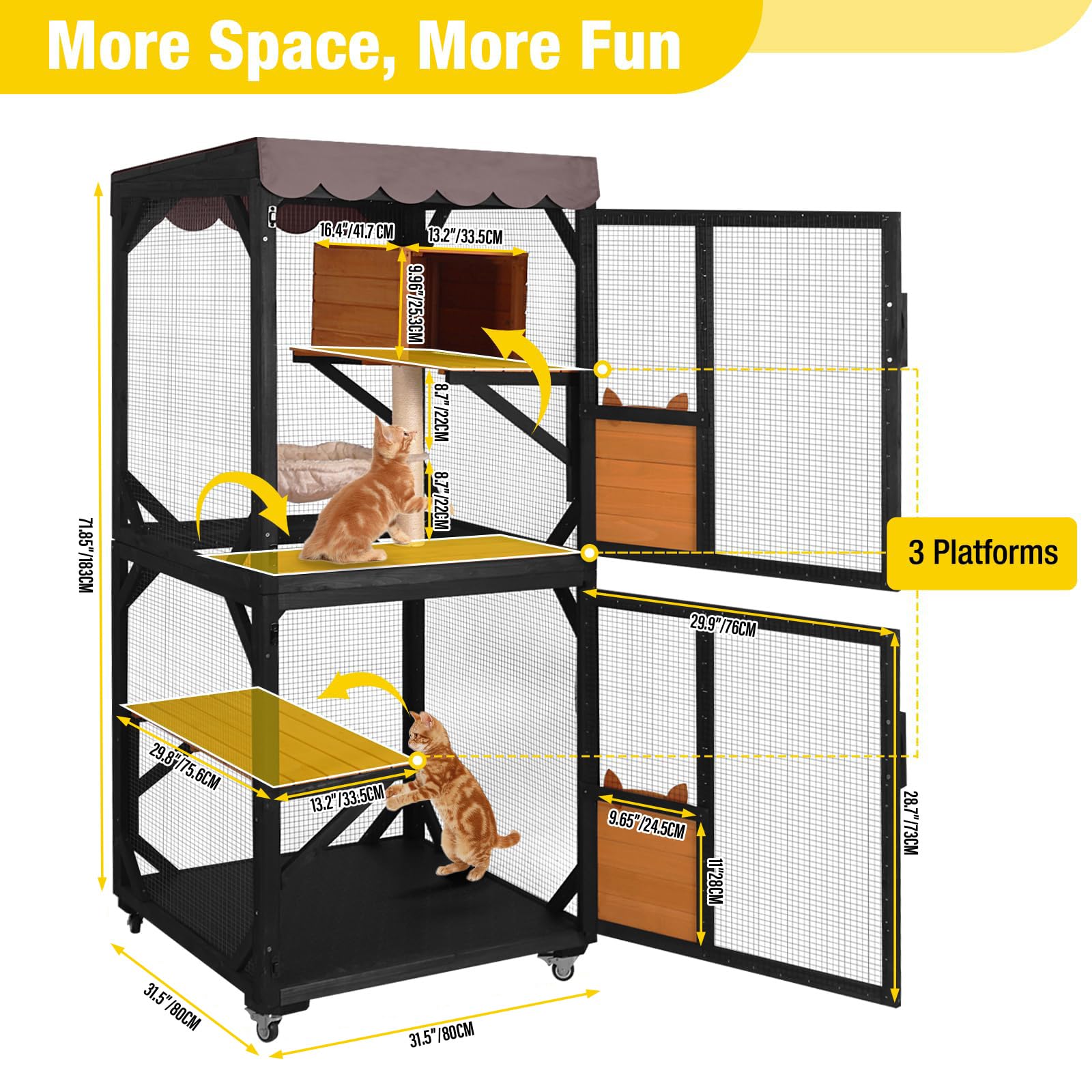 X-ZONE PET Katzengehege für den Außenbereich auf Rädern, Katzenhaus für drinnen und draußen mit Katzenbett, Kratzbaum, Sprungplattformen, wasserdichtes Dach (Braun) 80 cm / L x 80 cm / B x 182,5 cm
