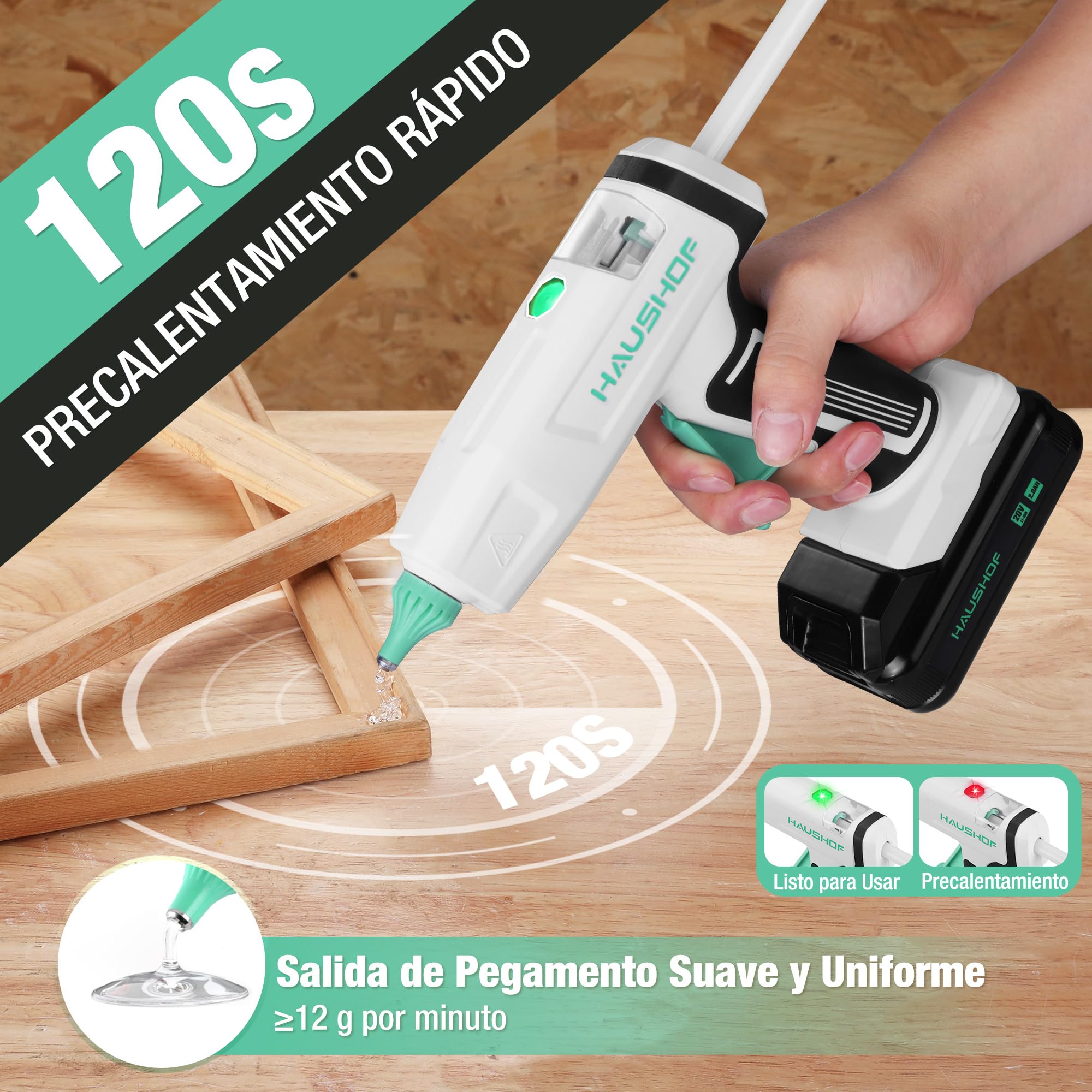 HAUSHOF Pistola de Silicona Caliente 20V Inalámbrica, Pistola de Pegamento a Batería, 12 g/min, Incluye 20 Barras 11×150 mm, para Manualidades y Reparaciones