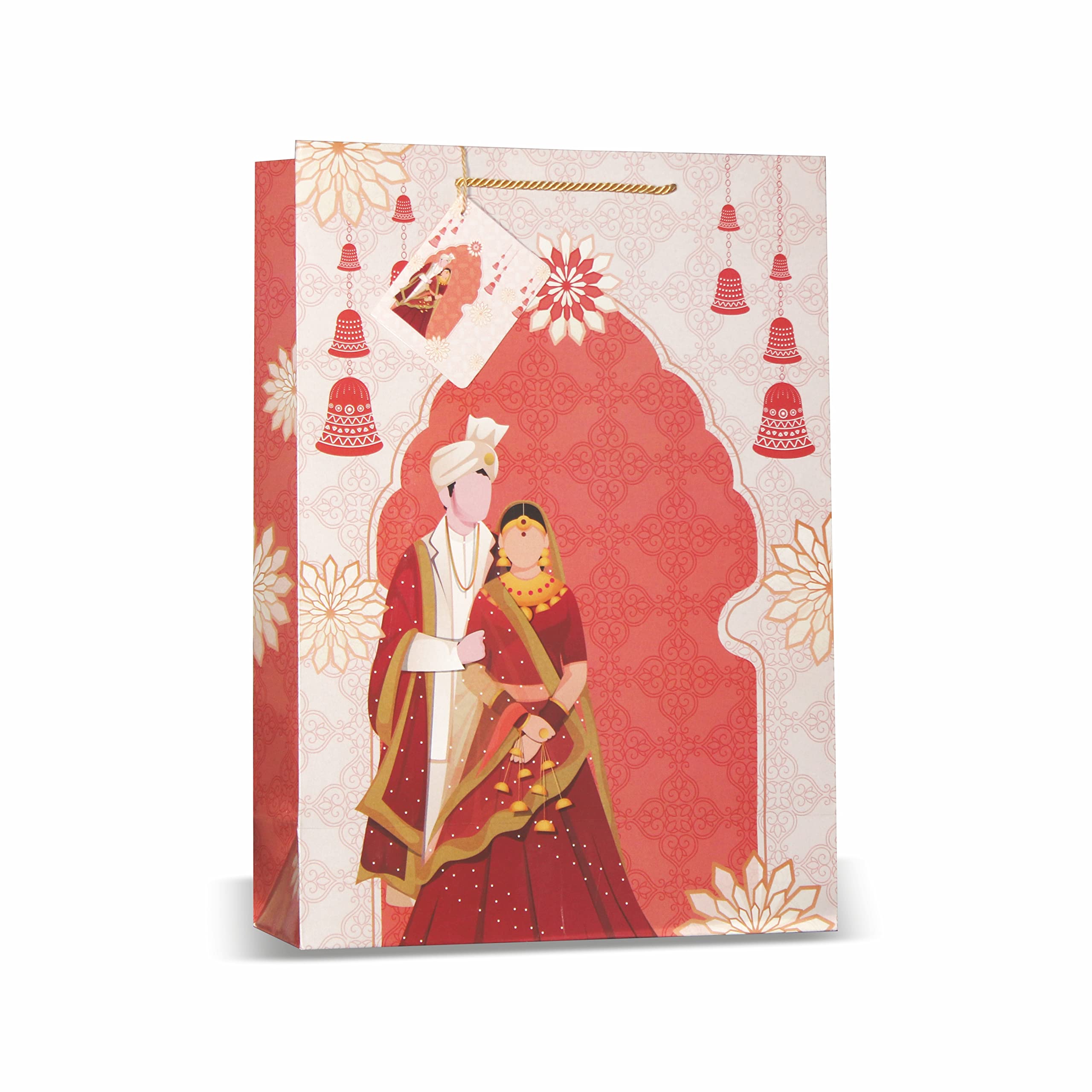 Sponsored Ad - Gift Paper bag, Extra Large Vertical, 12 (L) x 5 (B) x 17 Inch (H), Dulha Dulhan Print for Weddings, Engagements, Bridal Showers, Anniversaries with Gift Tags, Orange