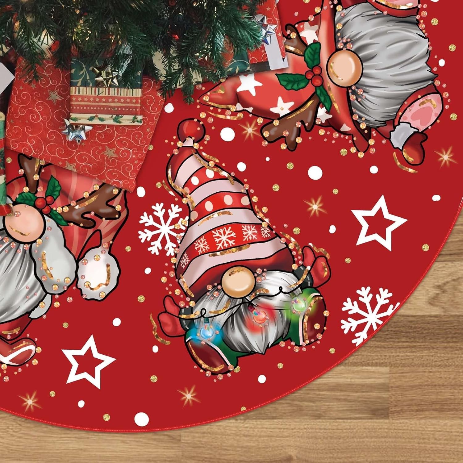 Jupe Sapin De Noël 120cm Couvre Pied Rond Rouge Motif GNOME Tapis Décorations Fête