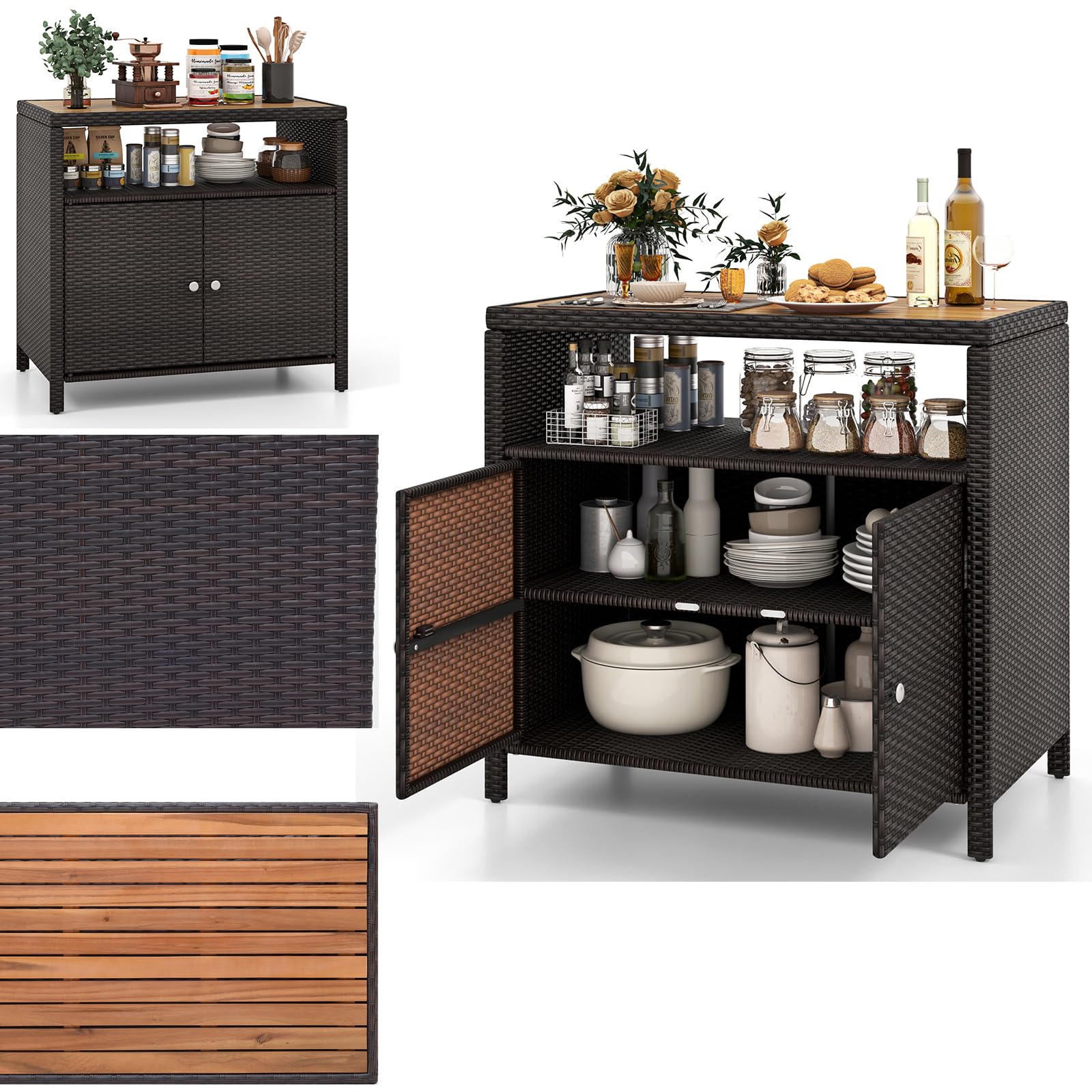 GYMAX Armoire Buffet Extérieur en Rotin, Meuble Rangement Étanche, Grand Plateau 90x53cm en Bois d'Acacia, pour Balcon Barbecue Cuisine Jardin (Brun)