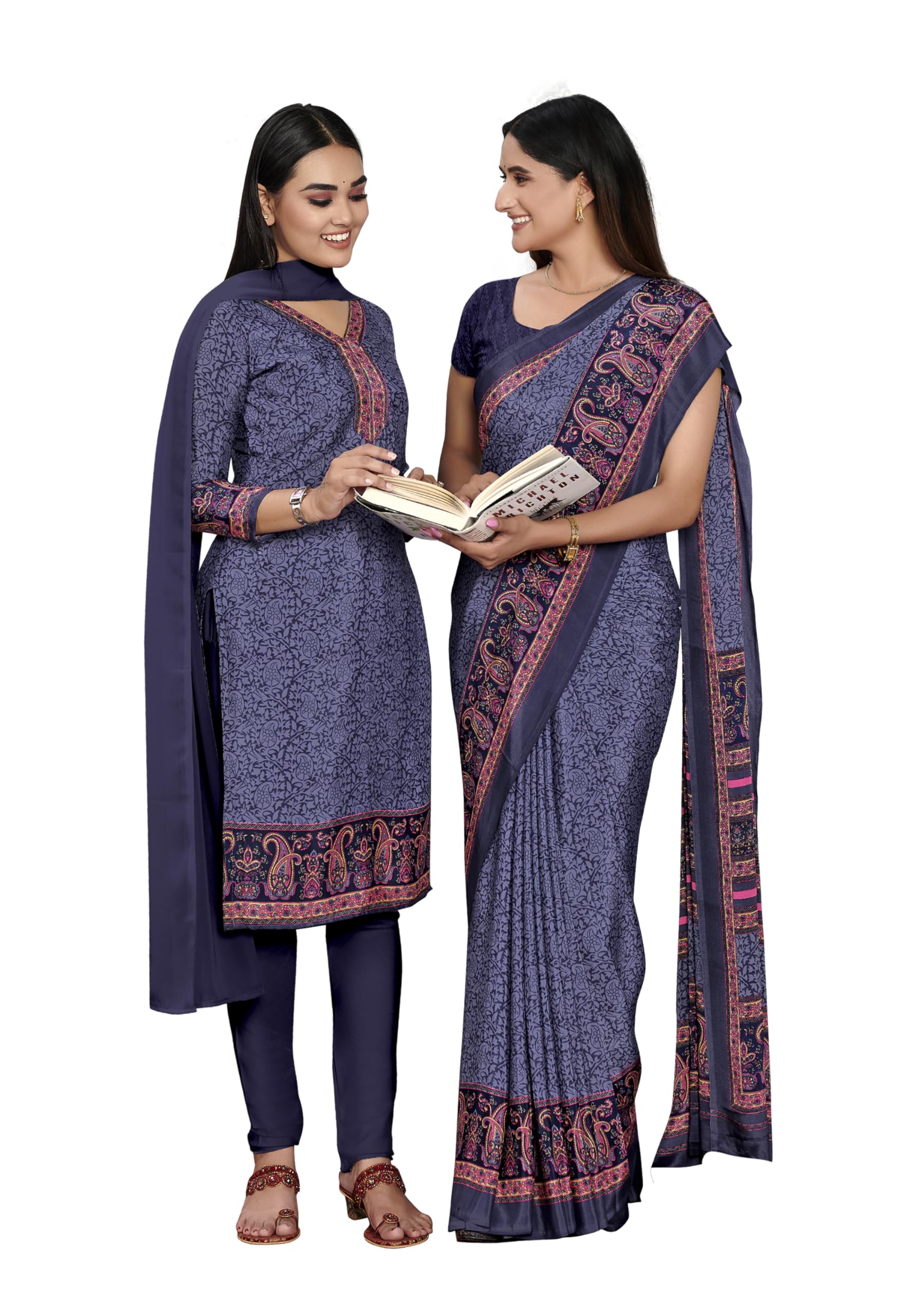 vimla Women's Crepe Silk Printed Uniform Unstitched Salwar Suit and Saree with Unstitched Blouse Piece | Crepe Silk Sarees for Women | Combo Pack of 2-picture-18