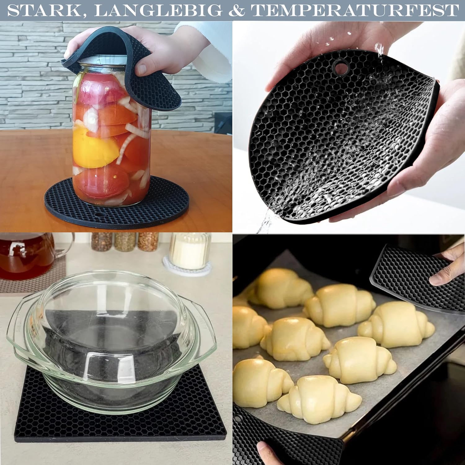 Silicone Black Trivet Set of 8 - 2 Rectangular + 2 Round Coasters, 4 Adhesive Hooks Free - Heat Resistant, Non-Slip & Dishwasher Safe