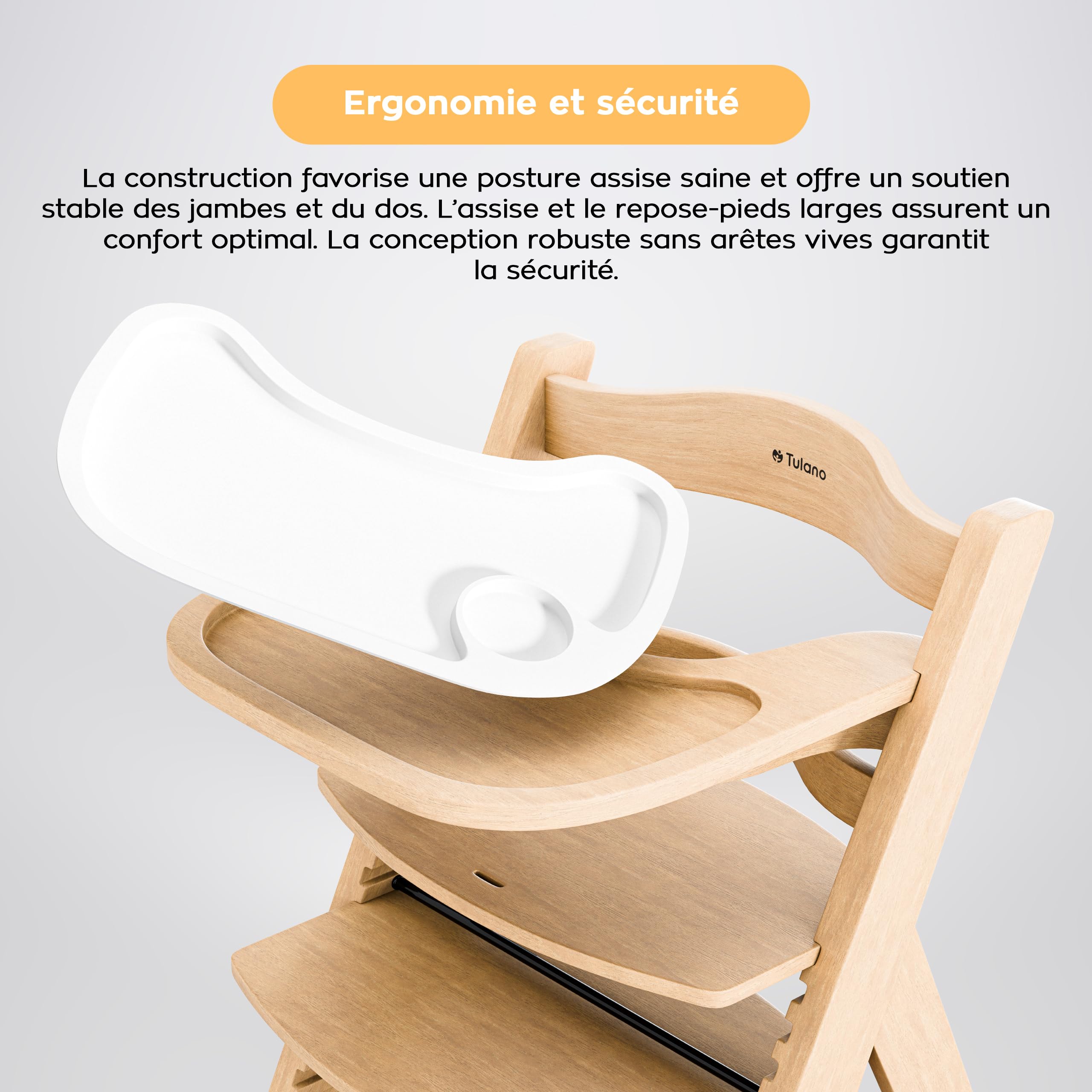 TULANO Morsel 40 Chaise Haute Évolutive 4en1 Bébé et Enfant | Réglable 12 Niveaux | Plateau Amovible | Coussin Imperméable | Harnais Sécurité | De 6 Mois à 12 Ans | Bois Naturel
