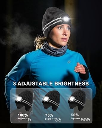 GADIEMKENSD Reflective Stripe LED Beanie, Adjustable Brightness, with Earflaps, Warm, High Elastic, Easy to Wash, Unisex