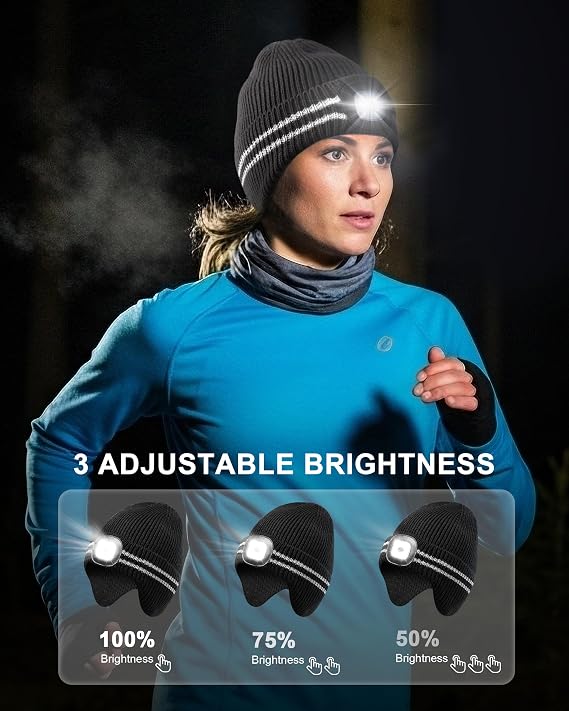 GADIEMKENSD Reflective Stripe LED Beanie, Adjustable Brightness, with Earflaps, Warm, High Elastic, Easy to Wash, Unisex