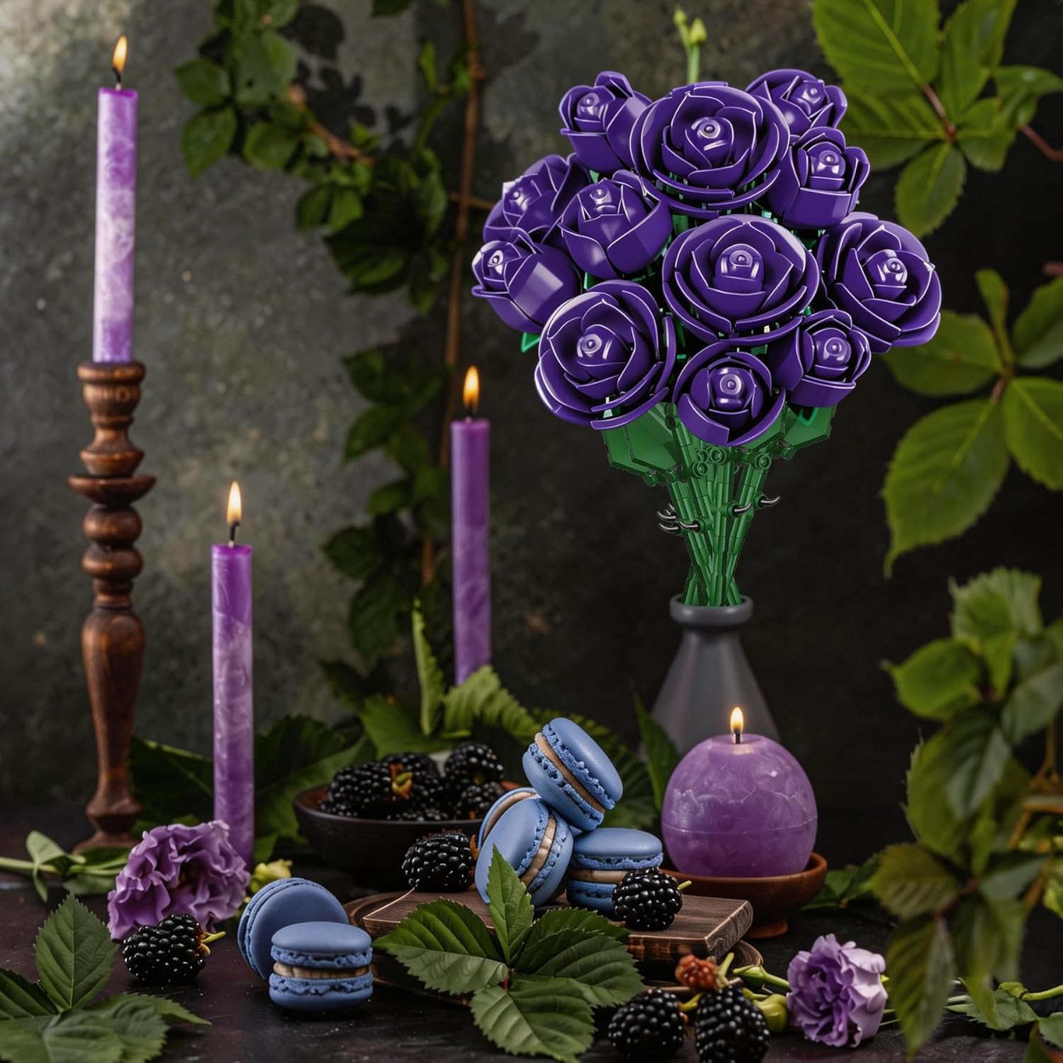 INRATELL Purple Rose Flower Building Set, Botanical Bouquet Block Set Gift for Mothers Day for Adults, Wife, Her, Girlfriend, Mom, Grandma, Home Office Decor Table Display