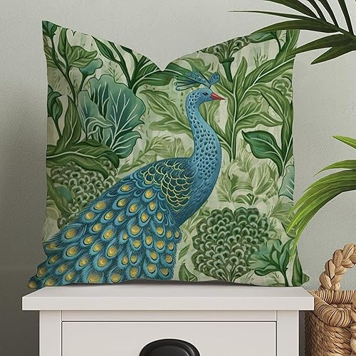 Fundas de almohada chinoiserie azul y verde con flores de pavo real azul, funda de cojín floral de 18 x 18 pulgadas, funda de almohada de animal