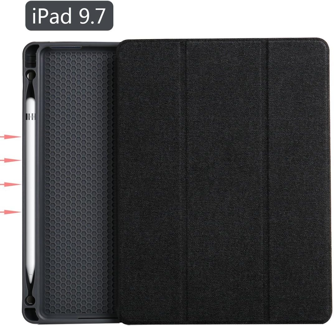 Titiko iPad Pro 9.7 Case Cover with Apple Pencil Holder,PU Leather Sleeve Silicone Cover, Lightweight Slim Trifold Stand Hard Folio 2018 2017 - Black