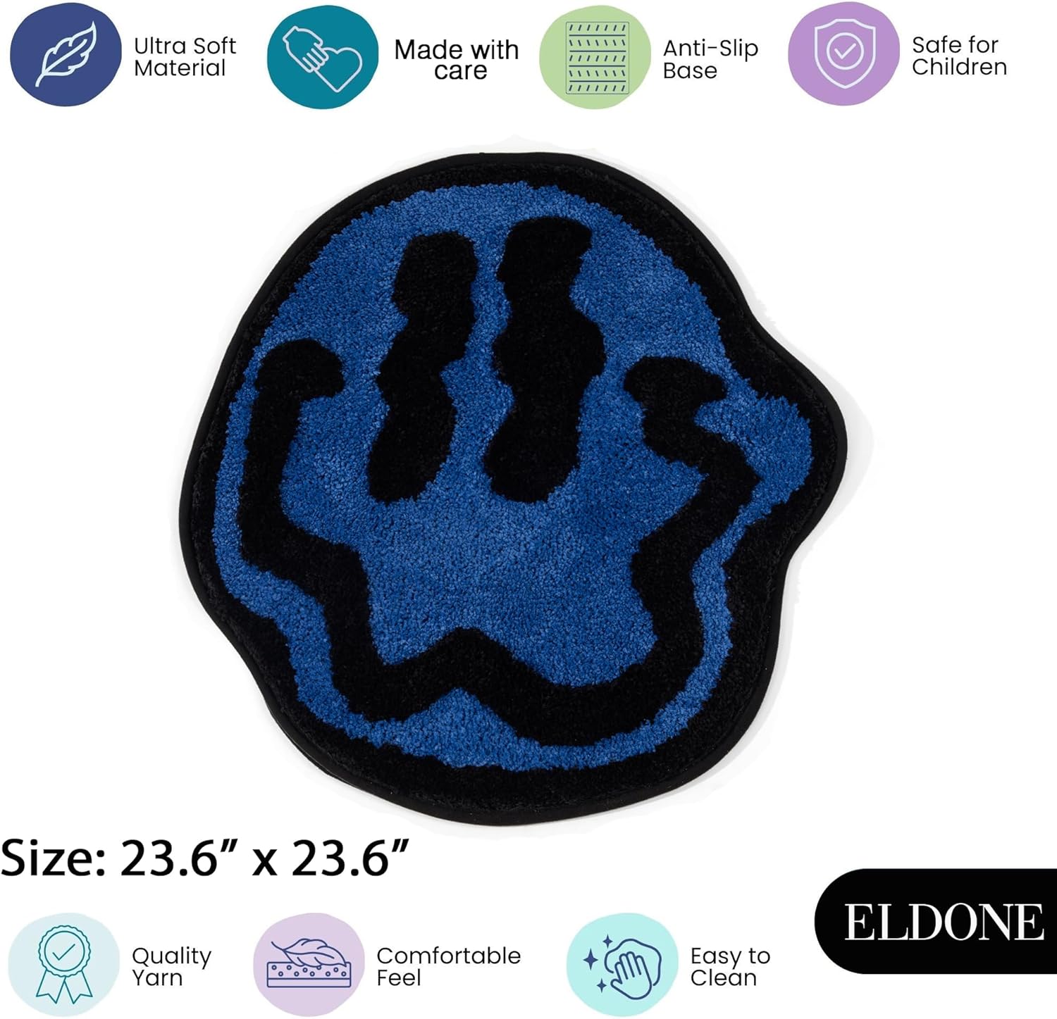 ELDONE Trippy Happy Face Bath Mat Blue - Cool Rugs for Bedroom, Preppy Rug, Hippie Rug Non-Slip, Cute Fun Funky Trendy Rug, Blue Decor for Bedroom Bathroom