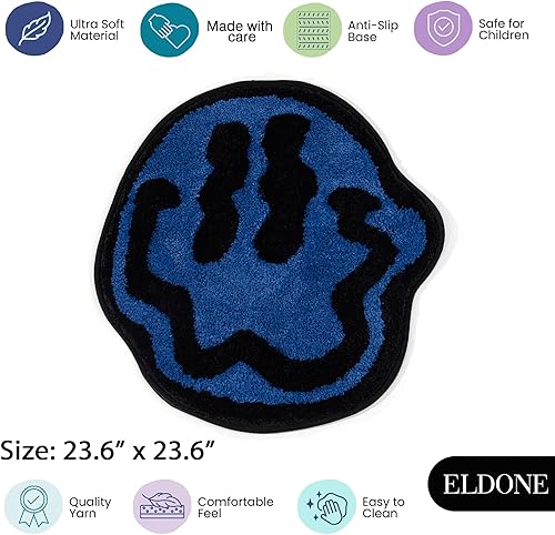 Miniatura 3 de ELDONE Trippy - Tapete de baño de cara feliz azul, alfombras geniales para dormitorio, alfombra de preparación, alfombra hippie antideslizante,