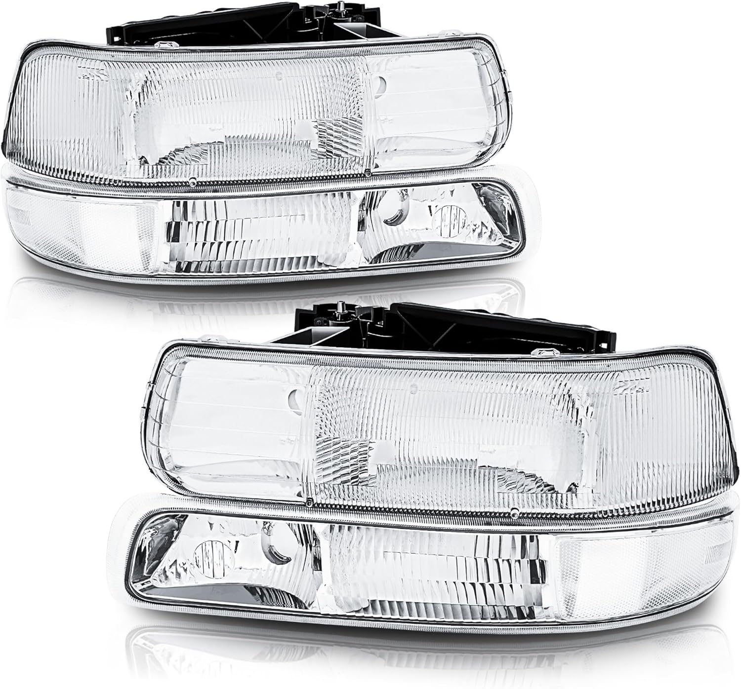 OE -Style Headlights Assembly Compatible with 1999 2000 2001 2002 Chevy Silverado 1500 2500, 2000-2006 Tahoe Suburban Headlamp with Bumper Turn Signal Lights, Chrome Housing Amber Reflector