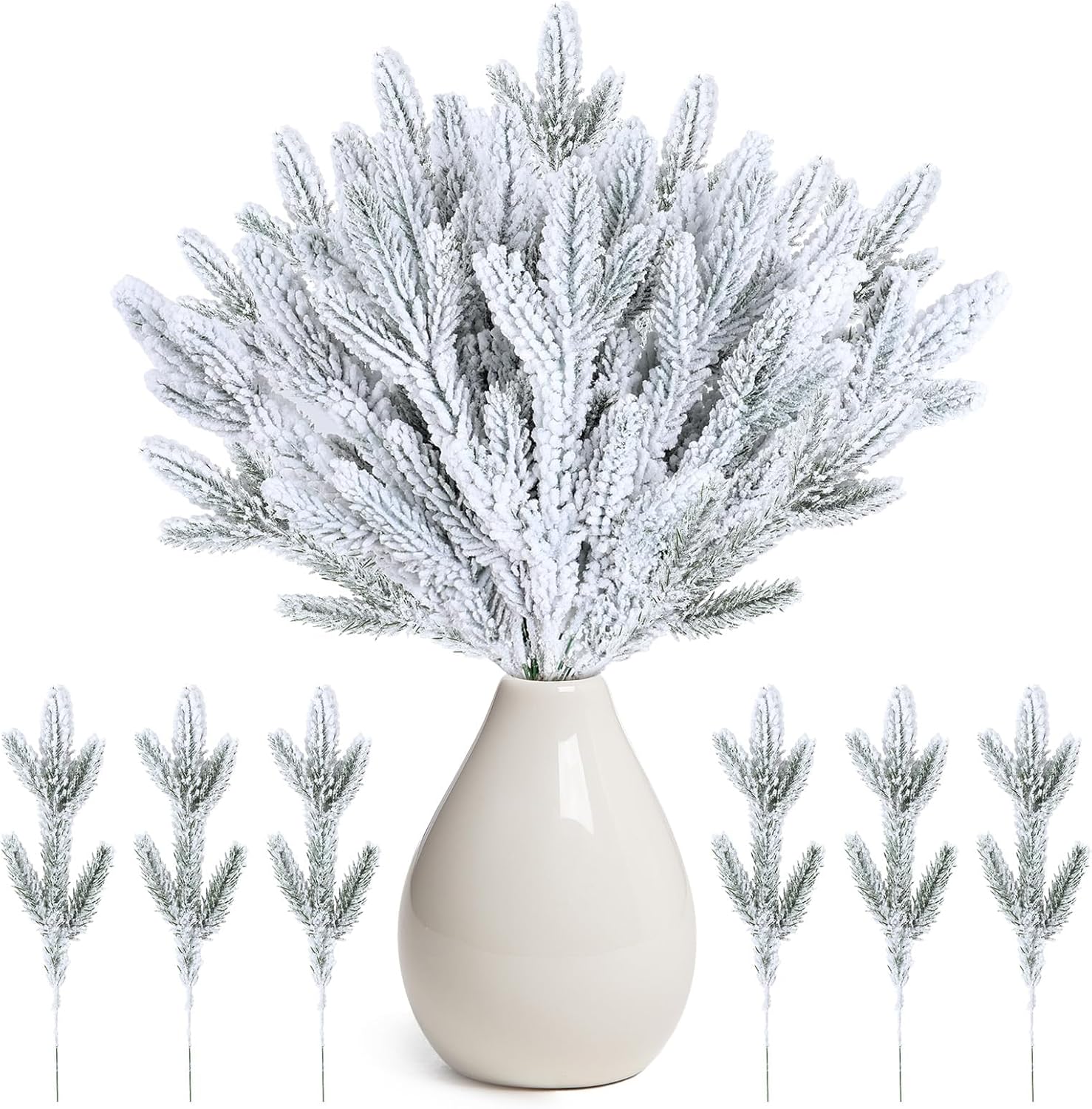 clothmile 50 pcs snow frosted pine branches artificial christmas pine branches snowy pine needles fake greenery pine spray picks for diy garland crafts winter tree decorations 50 style 1
