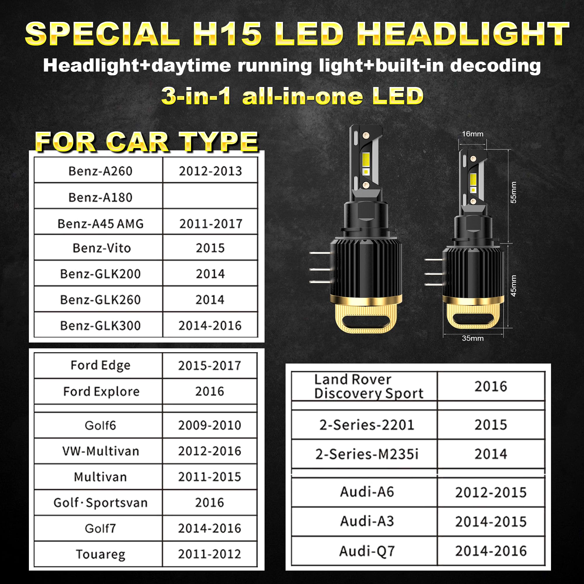 D-Lumina Ampoule H15 LED Canbus, Puce CSP Super Brillante 120W 12000LM 6500K, Ampoules LED de Remplacement Halogènes, Avec Effet de Refroidissement par Ventilateur, 2 Pièces