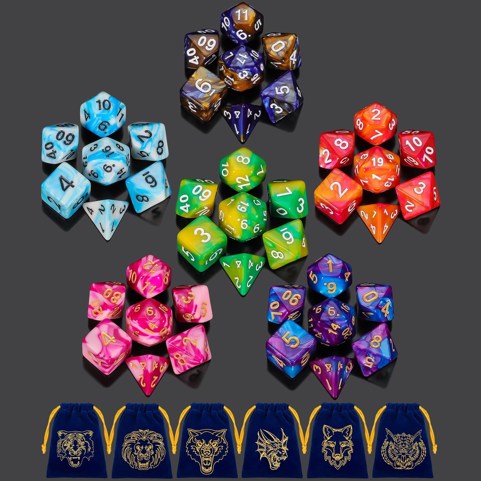 Amazon.co.jp: QMay 多面体ダイス6セット - 42個(6×7)DNDダイス+巾着袋