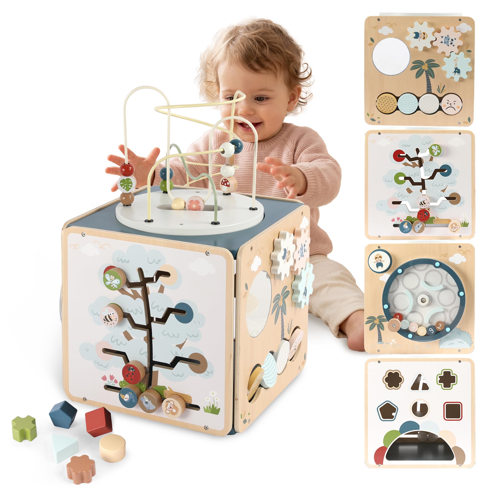 FReniland Holz Montessori Aktivitätswürfel für Kleinkinder 1-3 7-in-1 Baby Activity Center mit Perlen-Labyrinth, Formsortierer, Zahlengetriebe & Entdeckungsspiegel, Feinmotorisches Lernspielzeug für