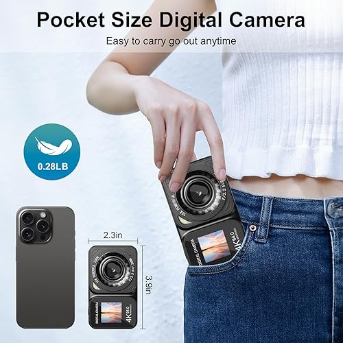 Miniatura 3 de Cámara digital, cámara de pantalla dual 4K 64MP, zoom de 18X, cámara digital de apuntar y disparar con tarjeta TF de 64 GB y 2 baterías, cámara