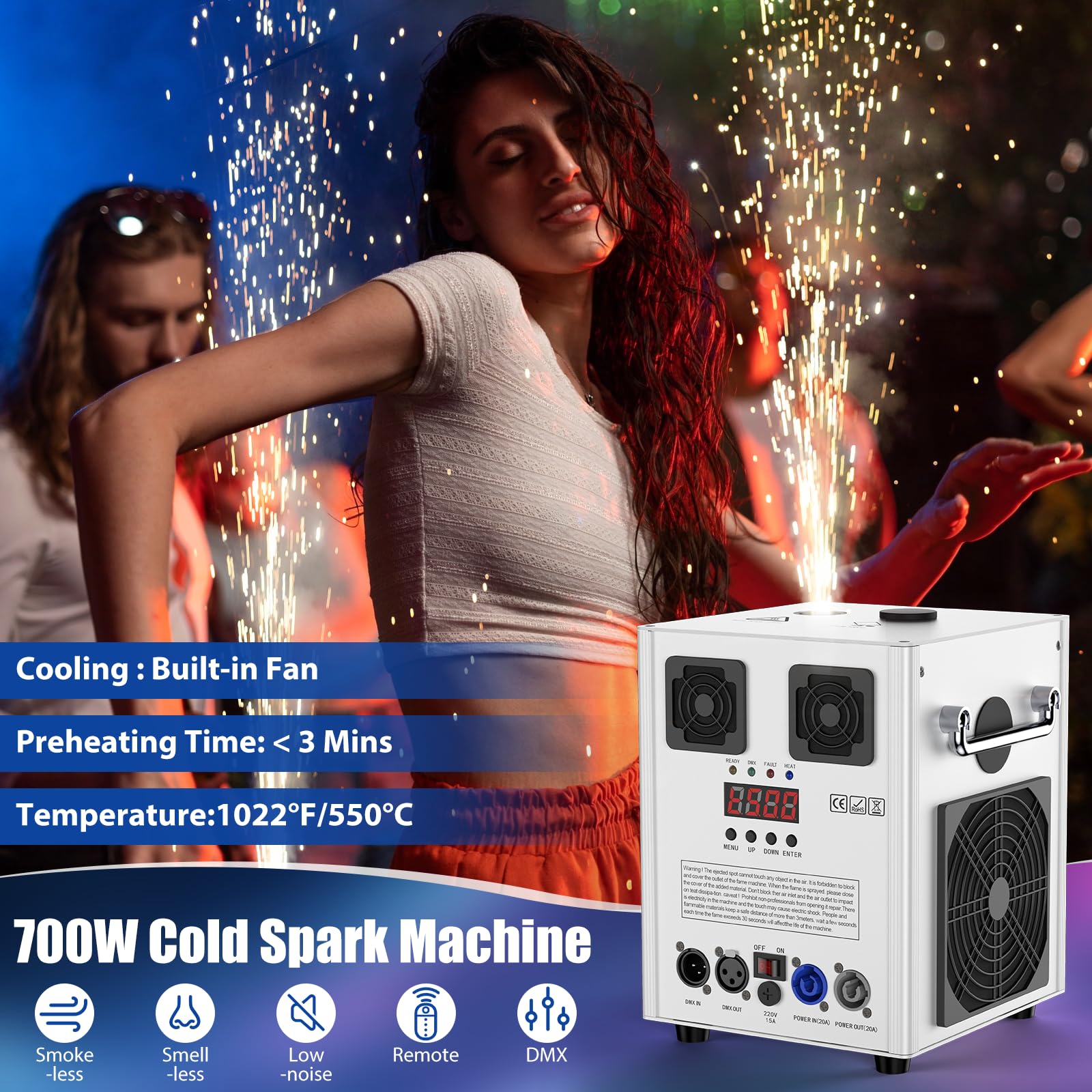 1000W Macchina Pirotecnica, Macchina Effetto Palcoscenico Bianco d-mx512 e Macchina Scintilla Fredda Telecomandata per Matrimonio Festa DJ Palcoscenico (4 Pezzi con Flightcase)