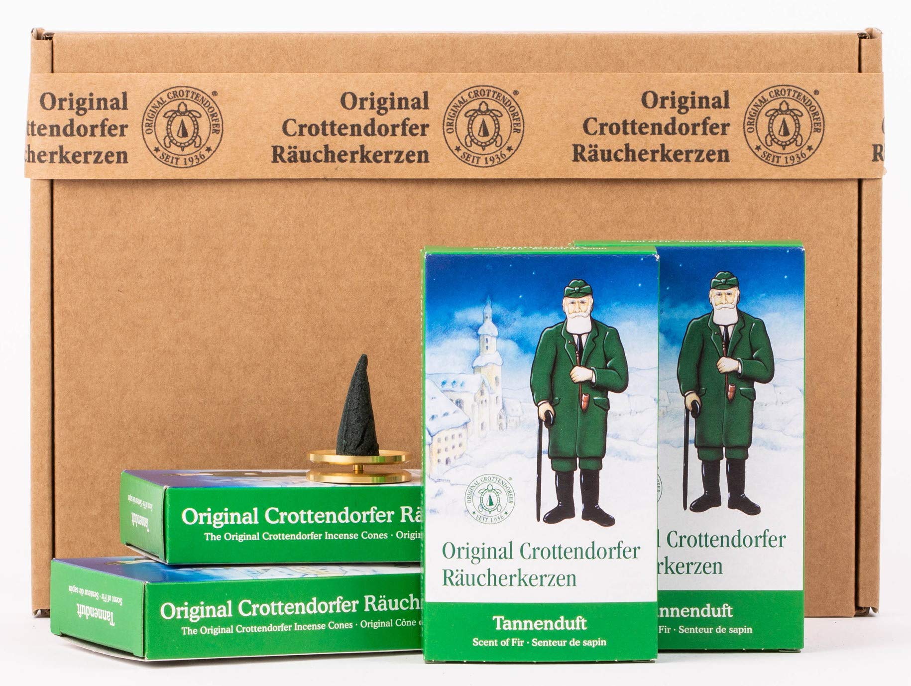 Crottendorfer Räucherkerzen 4er Pack – Zimtapfel, Kaminzauber, Winterorange, Adventsduft (je 24 Stück) Mit Messingteller, Geschenkverpackung