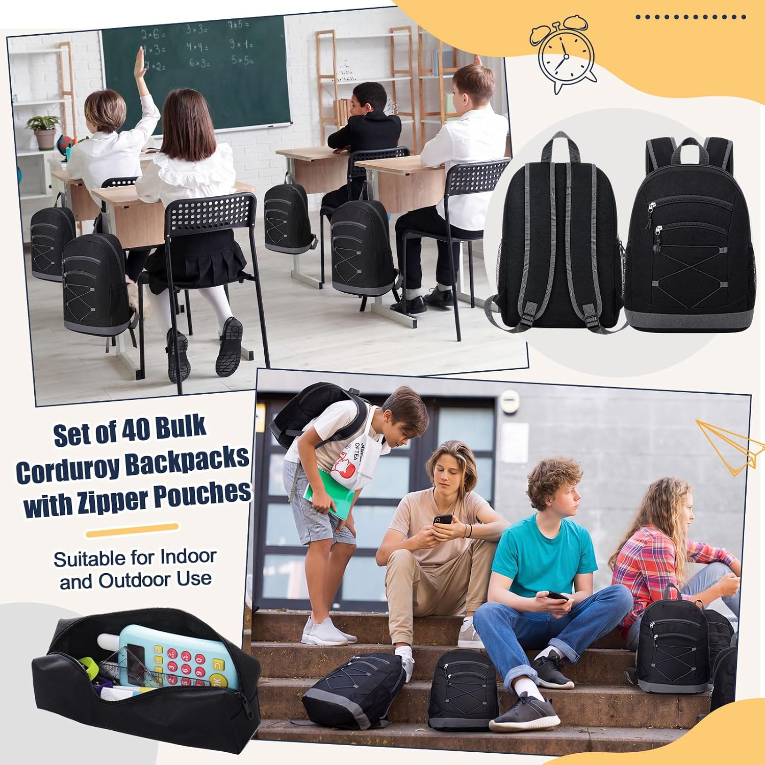80 Pcs Bulk Oxford Backpacks and Zipper Pouches Set 40 Pcs 16.5 Inch Casual Daypacks and 40 Pencil Pouches for Travel, Donation, Camping Daily Use, Black image 5