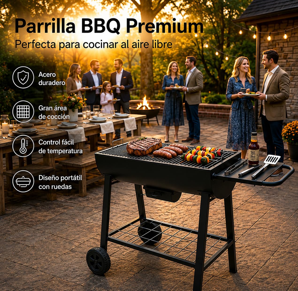 Barbacoa de Carbón con Ruedas y Bandeja Recogecenizas – Parrilla de Acero con Recubrimiento Resistente, Superficie Amplia, Estante Inferior, Mesa Lateral y Patas Antideslizantes para Jardín y Terraza