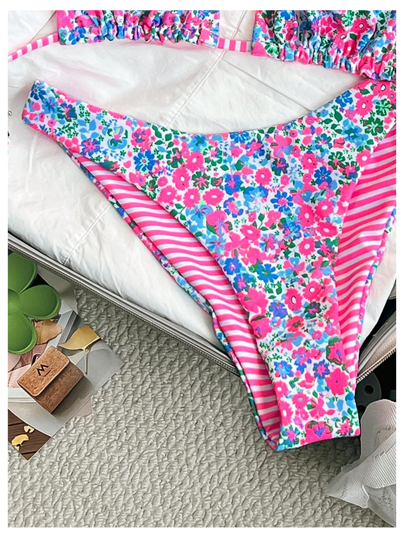 Damski Dwuczęściowy Zestaw Bikini W Kwiaty Paski Halter Stringi Strój Kąpielowy Z Wysokim Stanem Gorący Różowy Mały