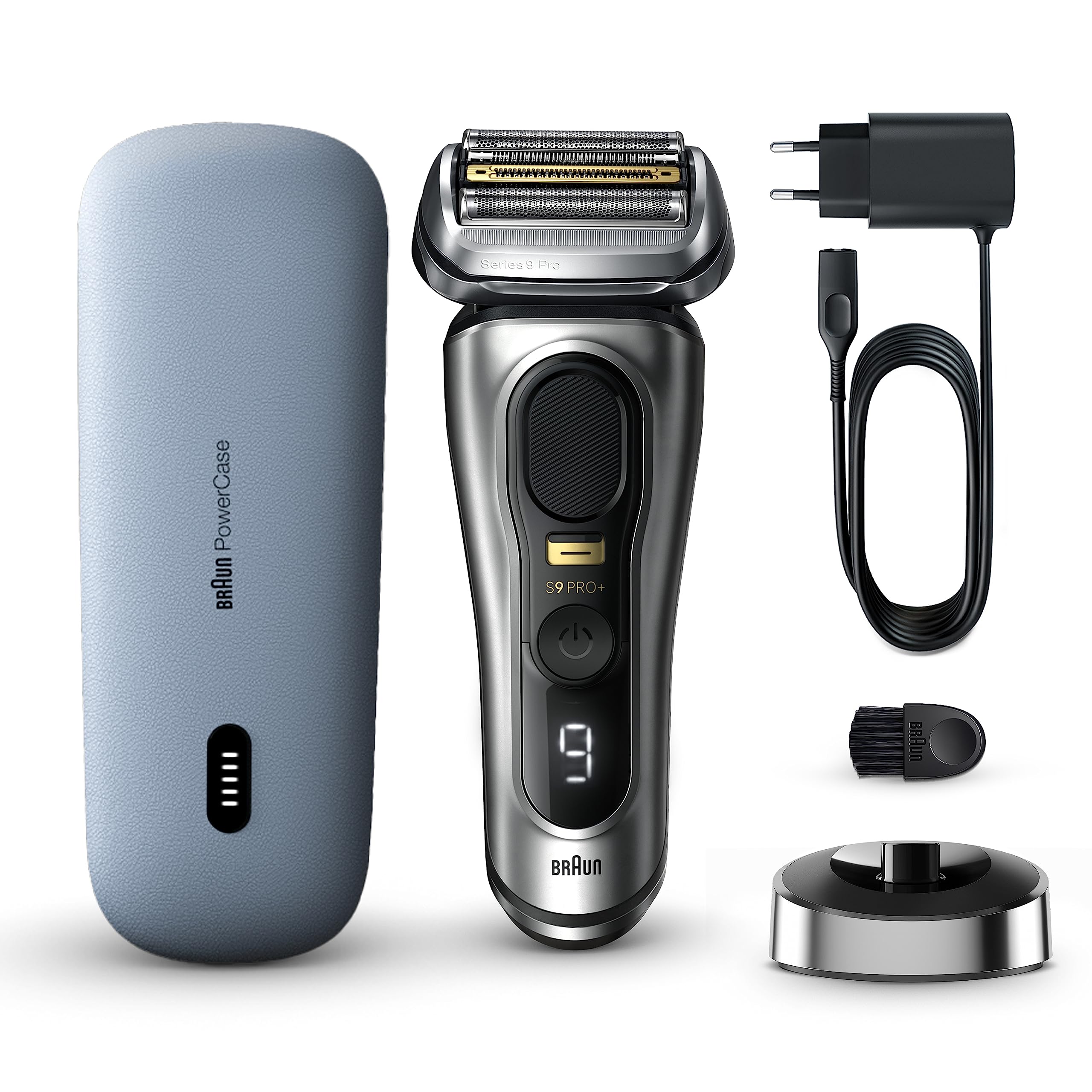 Braun Series 9 Pro+ Rasierer Herren Elektrisch, Elektrorasierer mit 5 Pro Rasierelementen, Langhaarschneider, Rasierer-Ladeetui PowerCase, 60 Min Laufzeit, Made in Germany, 9527s, Silber