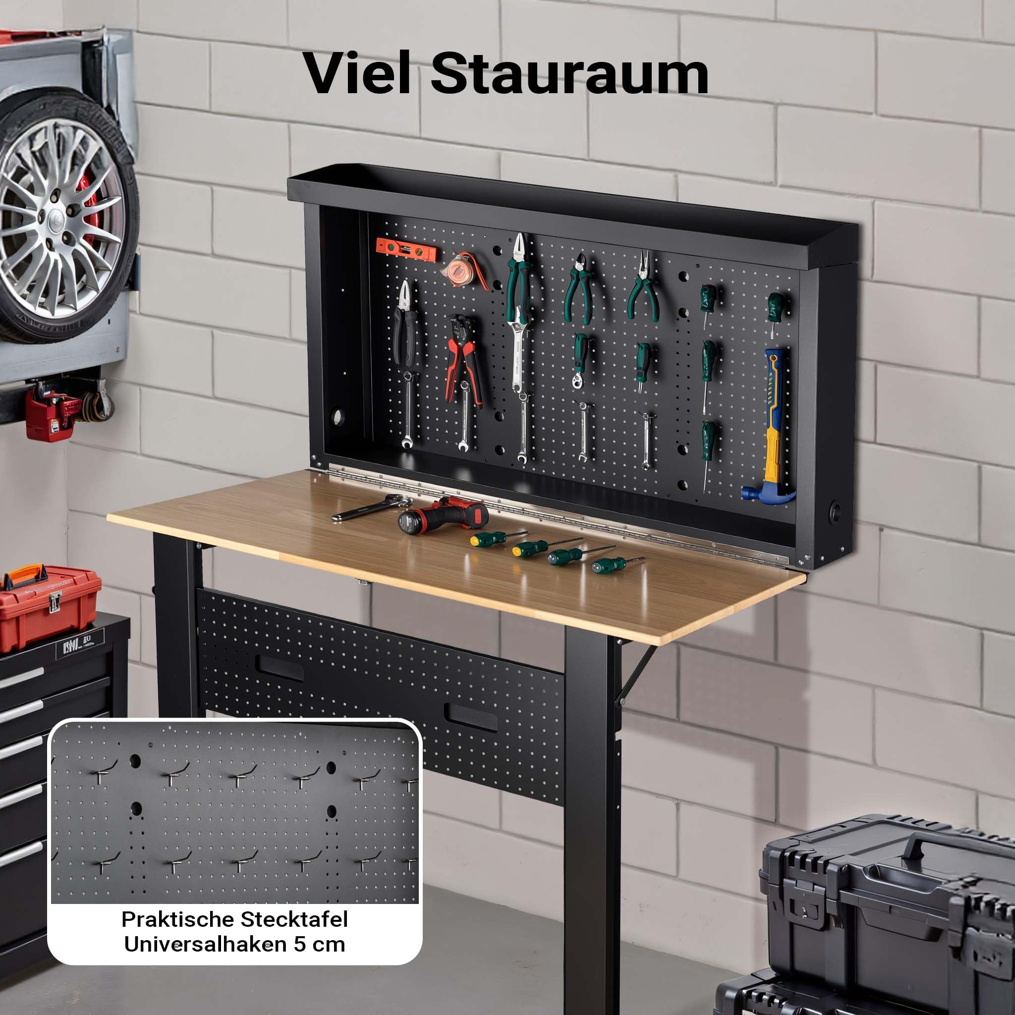 Wiltec Werkbank zur Wandmontage bis 200 kg, klappbare Werkzeugbank 120,5 x 82,5 x 162 cm mit Lochplatte als Rückwand, Werktisch mit Arbeitsplatte aus Holz
