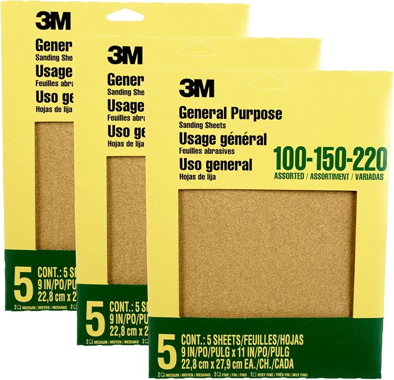 Papel de lija de óxido de aluminio 3M, 5 hojas, grano surtido 100-150-220, 9 x 11 pulgadas, papel de lija abrasivo multiusos, para lijado de uso general en pintura, madera y metal (9005NA), paquete de 3