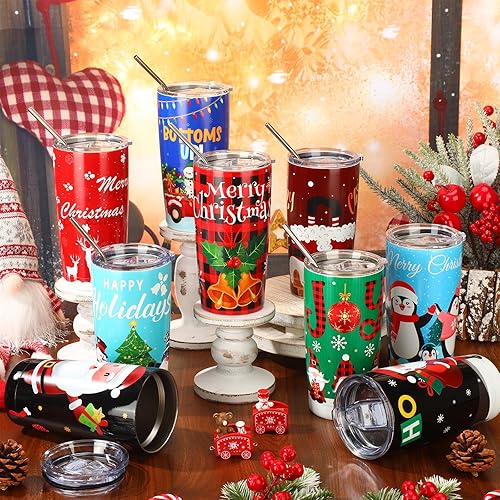 Miniatura 3 de Lemosae 12 vasos de Navidad de 20 onzas, vaso de viaje de Navidad, vaso aislado de acero inoxidable, taza de café con tapa y popote para Navidad,