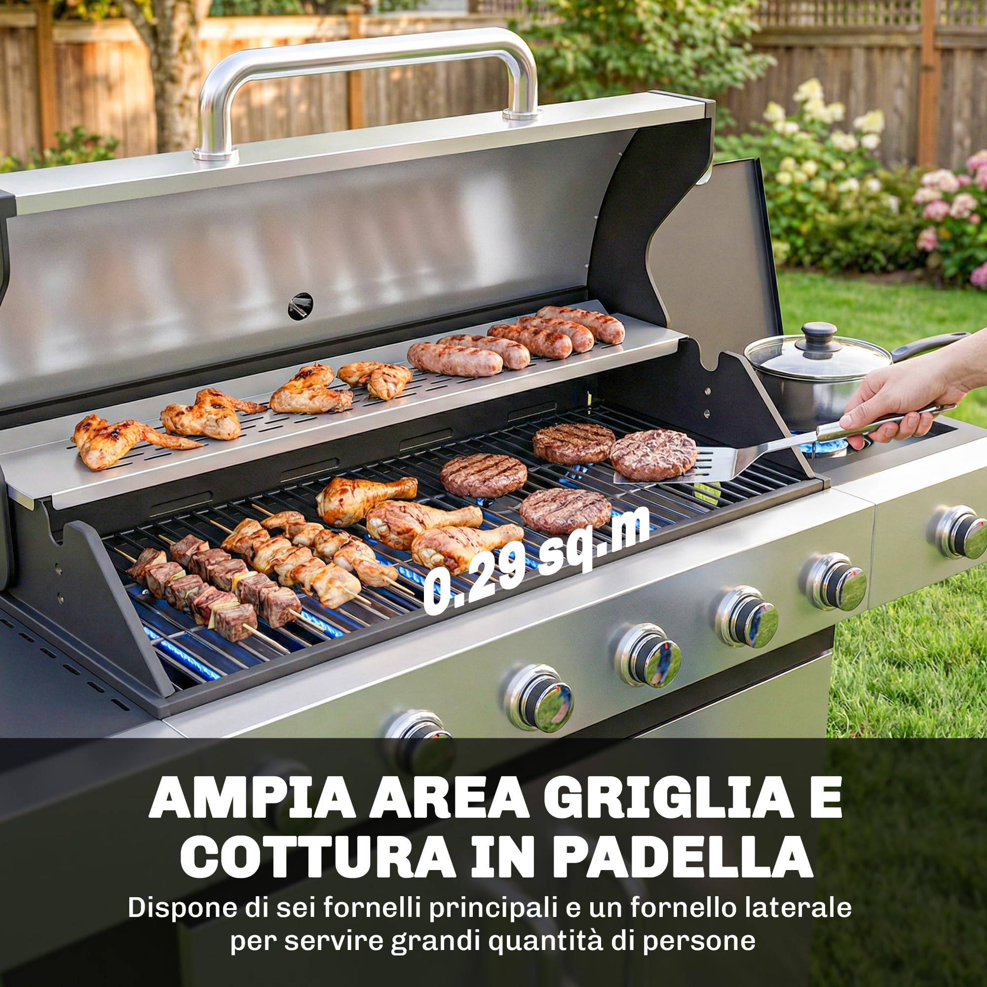 Outsunny Barbecue a Gas con 6+1 Bruciatori da 18.6 KW, BBQ a Gas Propano Portatile con Griglia, Ripiani, Coperchio, Termometro, Ruote, per Giardino Esterno, Nero Argento